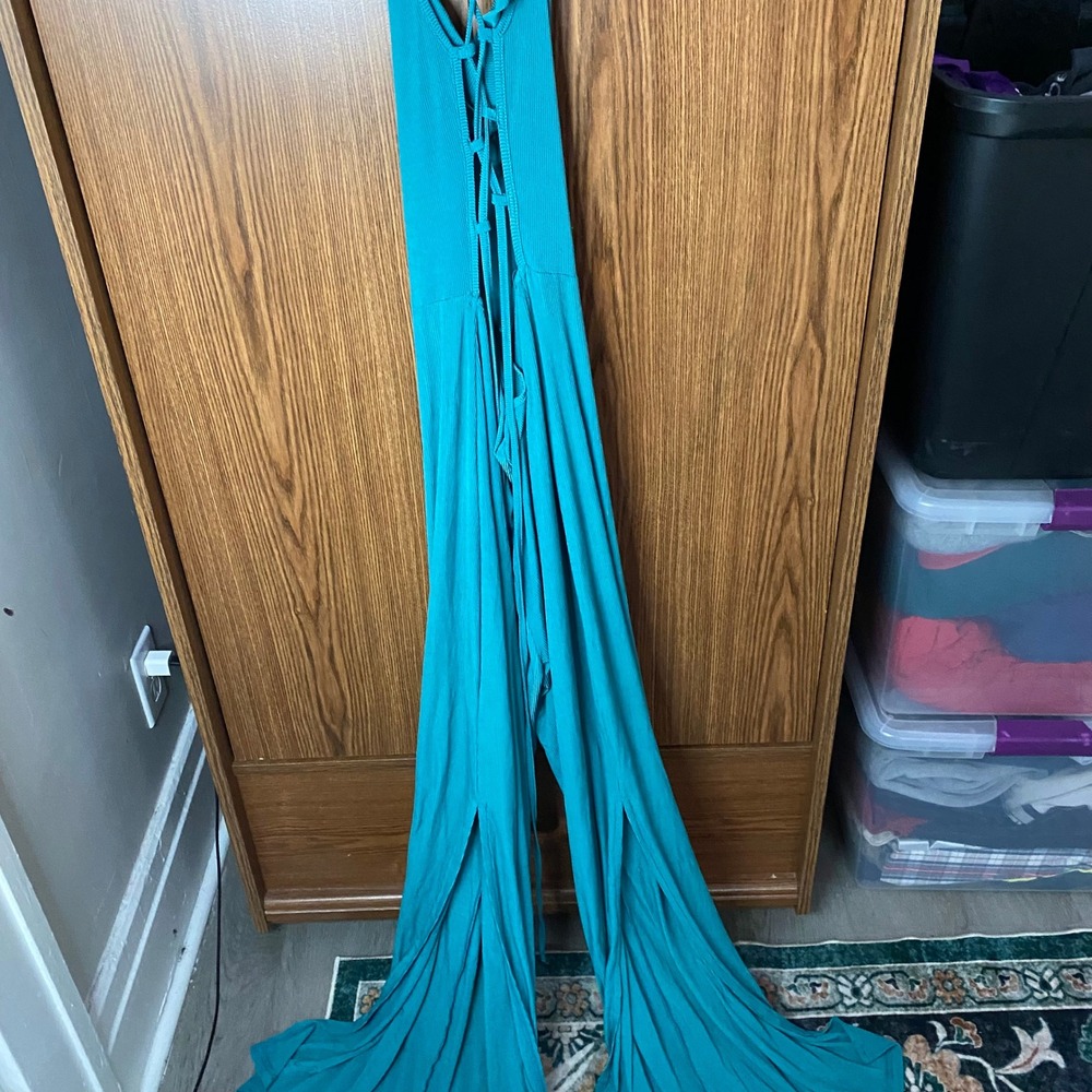 Niay Ribbed Wide Leg Jumpsuit Womens L Teal Cowl Neck Lace Up Back Slit - Picture 5 of 8